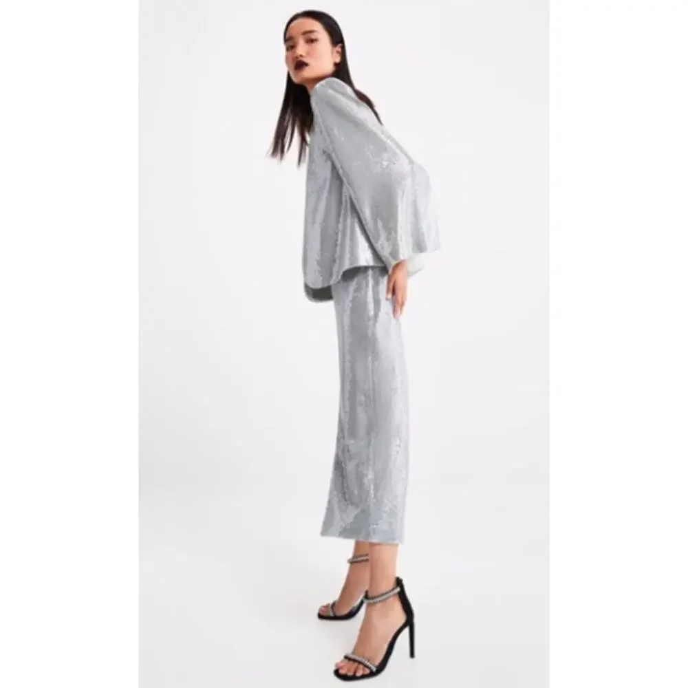 Zara Silver Sequin Cape & High-Rise Culottes Cropped Pants Set NWT- Size S - Picture 2 of 12